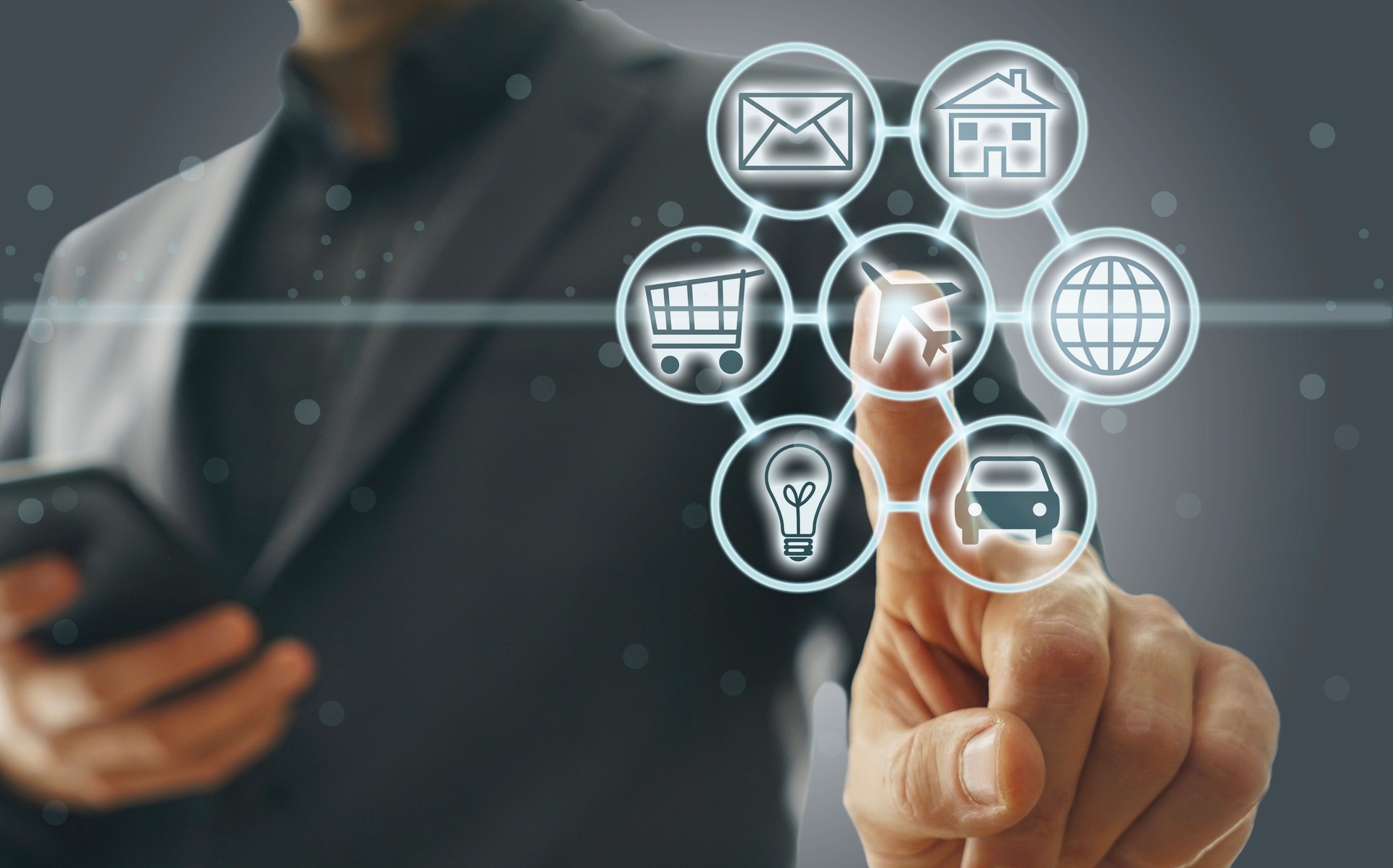 Digital marketing SEO search engine optimization via omnichannel communication network icon on computer software application development and online mobile smart device app technology